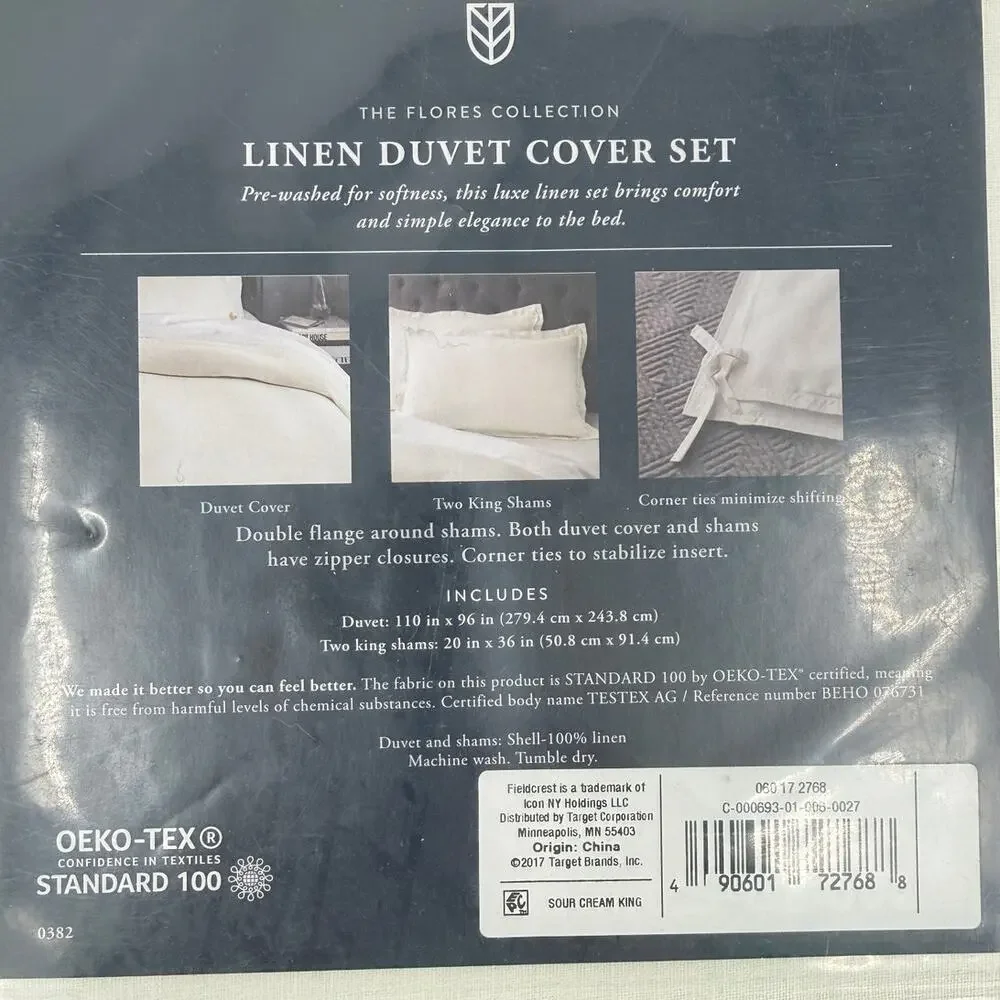 Fieldcrest 100% Linen King Duvet Cover & 2 King Shams Sour Cream White NEW
